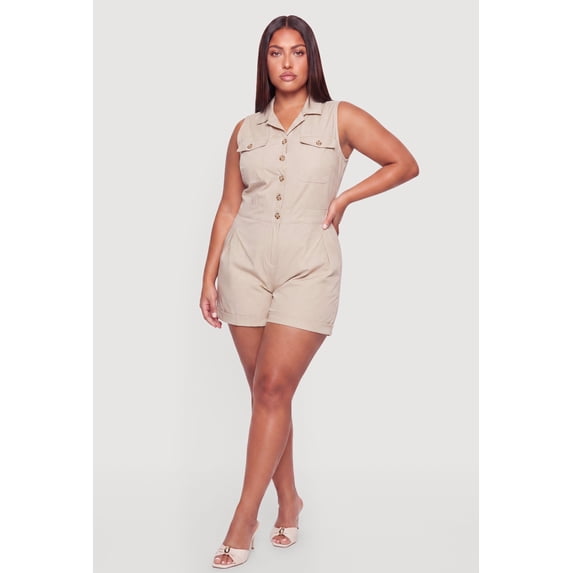 Women's Plus Size Collared Button Front Romper