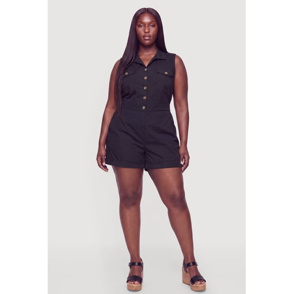 Women's Plus Size Collared Button Front Romper