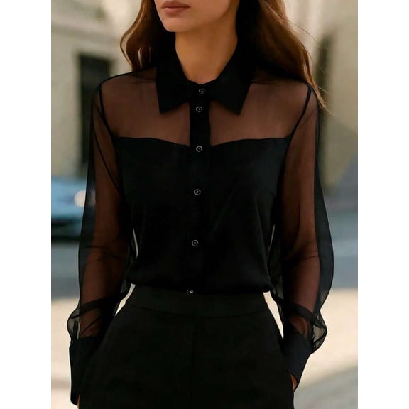 Women's Plus Size Collared Button Front Shirt, Long Sleeve Sheer Fitted Blouse for Work, Office, Everyday & Casual Wear