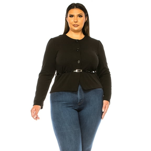 Women's Plus Size Collarless Button Down Jacket with Belt Accent