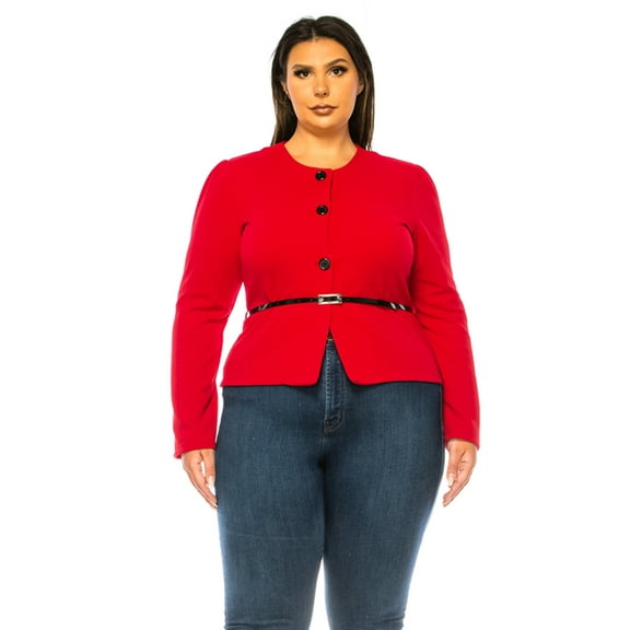 Women's Plus Size Collarless Button Down Jacket with Belt Accent