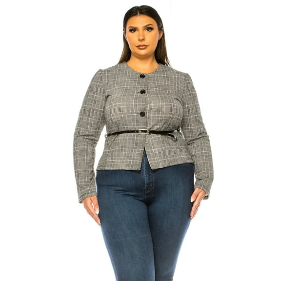 Women's Plus Size Collarless Button Down Jacket with Belt Accent