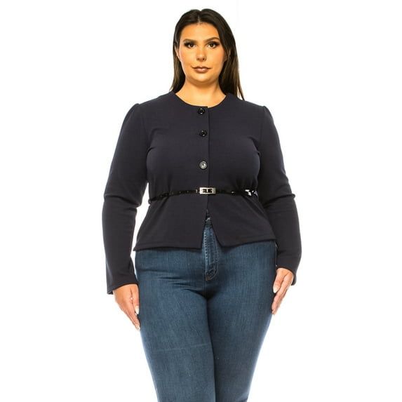 Women's Plus Size Collarless Button Down Jacket with Belt Accent