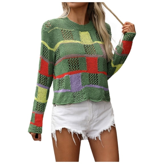 Women's Plus Size Color Block Knit Pullover Sweater Stylish Round Neck Long Sleeve