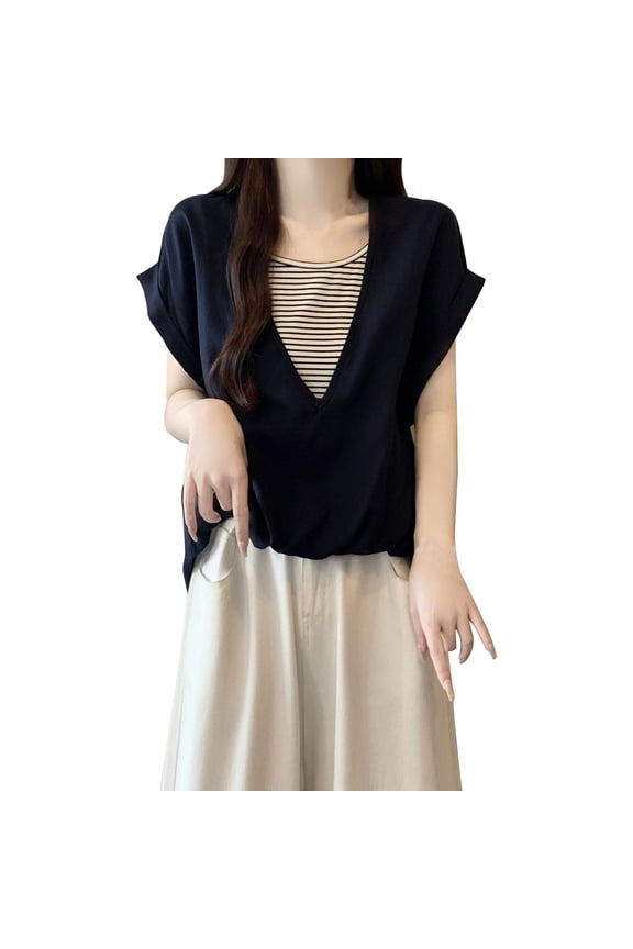 Women's Plus Size Color Block Stripe Faux Layered Short Sleeve T Shirt, Loose Fit Summer Top for Curvy Women Daily Wear, Breathable and Slimming, Casual and Trendy A L
