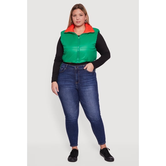 Women's Plus Size Color Blocked Drawstring Hem Puffer Vest