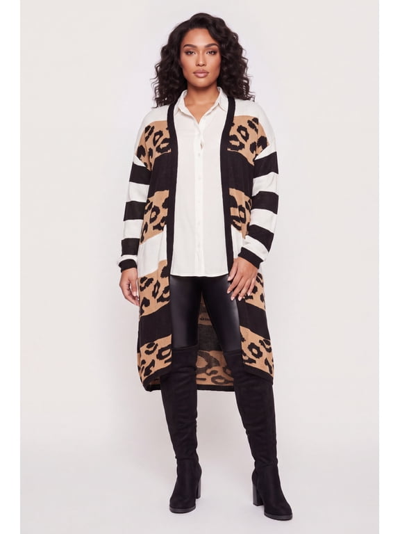 Women's Plus Size Color Blocked Leopard Print Open Front Long Cardigan