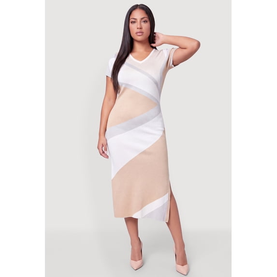 Women's Plus Size Color Blocked Side Slit Midi Sweater Dress