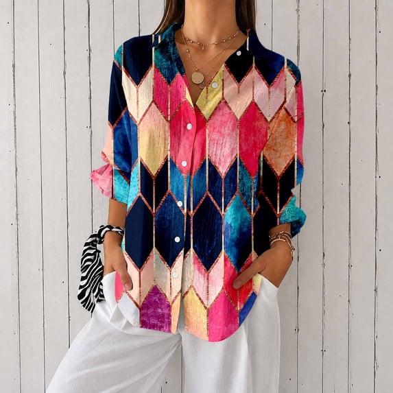 Women's Plus Size Colorful Chevron Print Button Down Shirt, Long Sleeve Collared Casual Blouse
