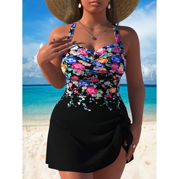 Women's Plus Size Colorful Floral Print Halter Skirted One-Piece Swimsuit