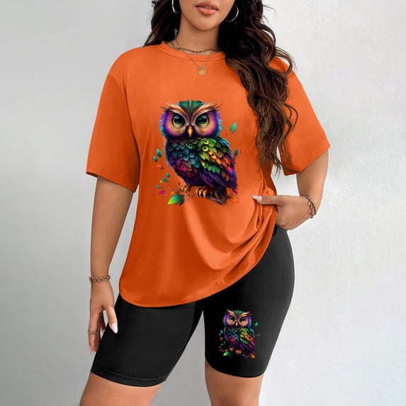 Women's Plus Size Colorful Owl Print Short Sleeve T-Shirt & Shorts Set
