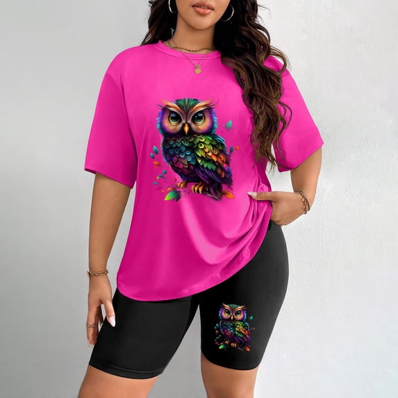 Women's Plus Size Colorful Owl Print Short Sleeve T-Shirt & Shorts Set