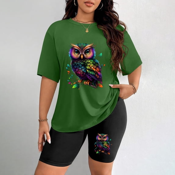 Women's Plus Size Colorful Owl Print Short Sleeve T-Shirt & Shorts Set