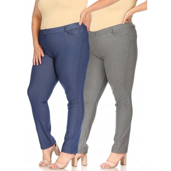 Women's Plus Size Comfy Slim Pocket Jeggings Jeans Pants with Button (Pack of 2)
