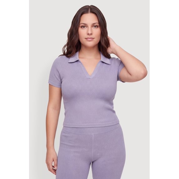 Women's Plus Size Compression Rib Johnny Collar Short Sleeve Top