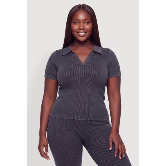 Women's Plus Size Compression Rib Johnny Collar Short Sleeve Top