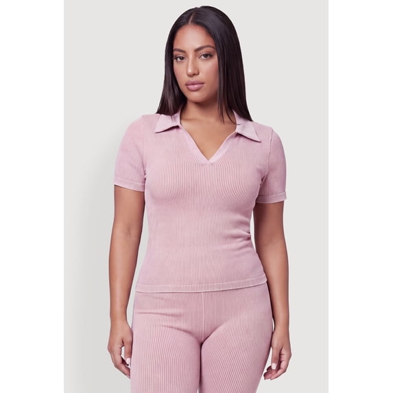 Women's Plus Size Compression Rib Johnny Collar Short Sleeve Top