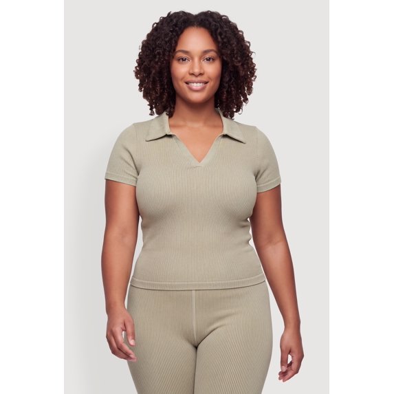 Women's Plus Size Compression Rib Johnny Collar Short Sleeve Top