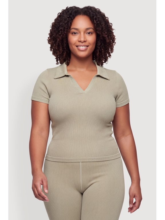 Women's Plus Size Compression Rib Johnny Collar Short Sleeve Top