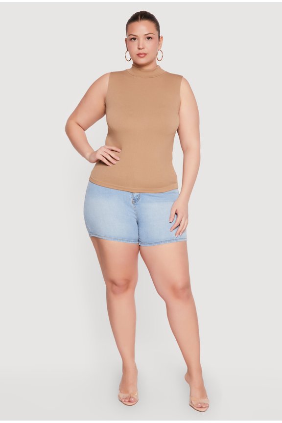 Women's Plus Size Compression Rib Mock Neck Tank Top