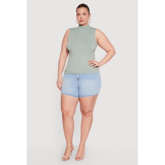Women's Plus Size Compression Rib Mock Neck Tank Top