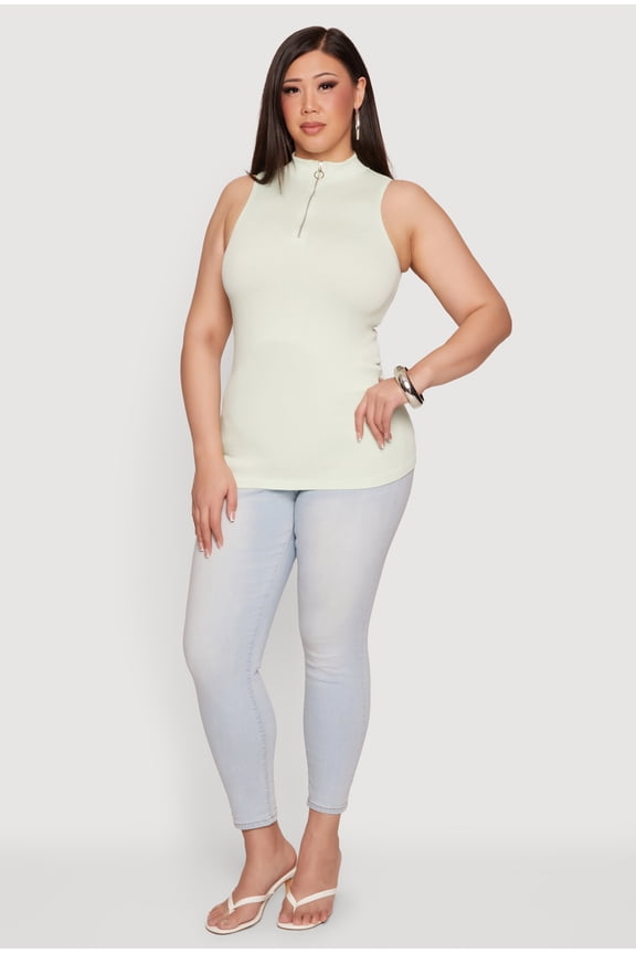 Women's Plus Size Compression Rib Quarter Zip Sleeveless Top