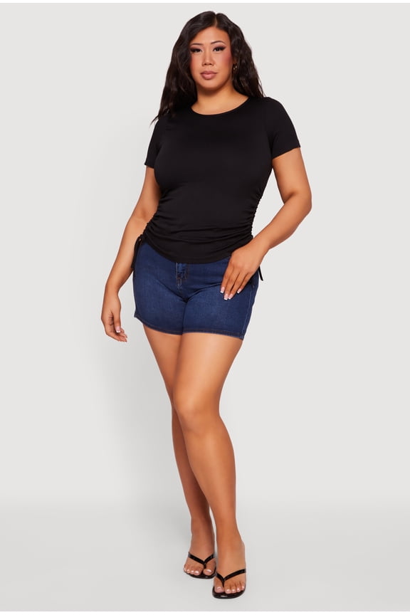 Women's Plus Size Compression Rib Ruched Short Sleeve Top