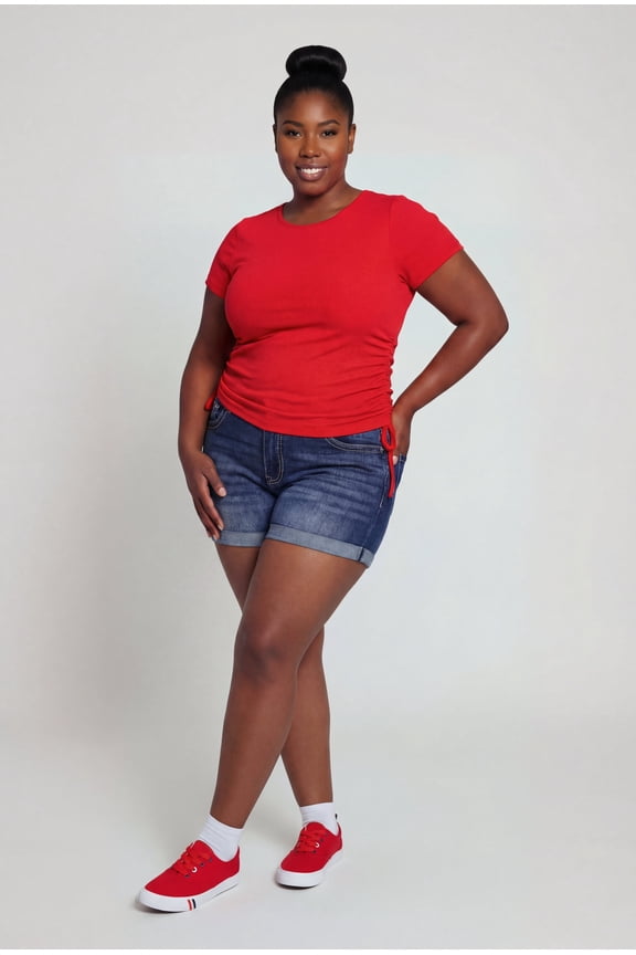 Women's Plus Size Compression Rib Ruched Short Sleeve Top