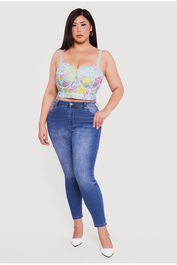 Women's Plus Size Convertible Patterned Mesh Bustier Crop Top