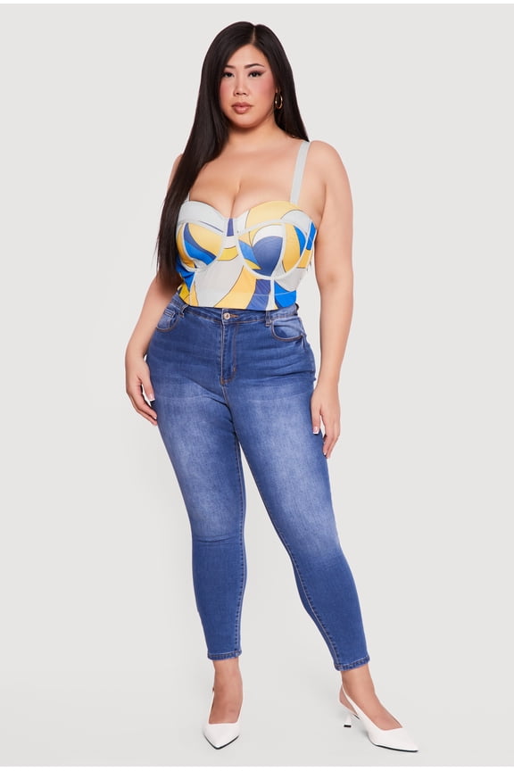 Women's Plus Size Convertible Patterned Mesh Bustier Crop Top
