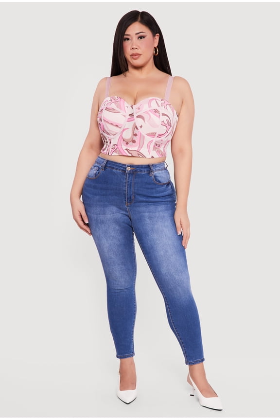 Women's Plus Size Convertible Patterned Mesh Bustier Crop Top