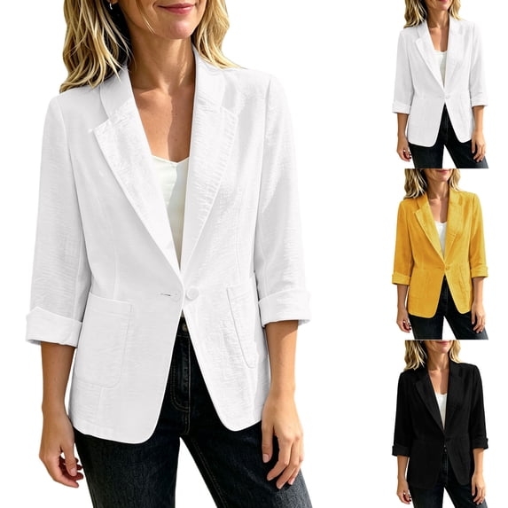 Women's Plus Size Cotton Linen Blazer 3/4 Rolled Sleeve Lapel One Button Casual Suit Jacket with Pockets Business office Daily Outwear Yellow
