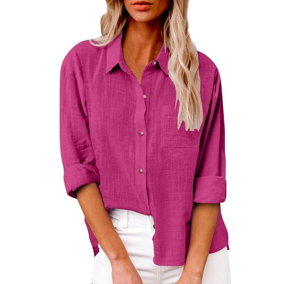 Women's Plus Size Cotton Linen Button Down Shirt, Collared Loose Fit Blouse, Classic Casual Tunic Top for Work, Daily Wear, Office and Relaxed Outfits Hot Pink M