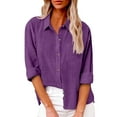 thumbnail image 1 of Women's Plus Size Cotton Linen Button Down Shirt, Collared Loose Fit Blouse, Classic Casual Tunic Top for Work, Daily Wear, Office and Relaxed Outfits Purple XL, 1 of 9