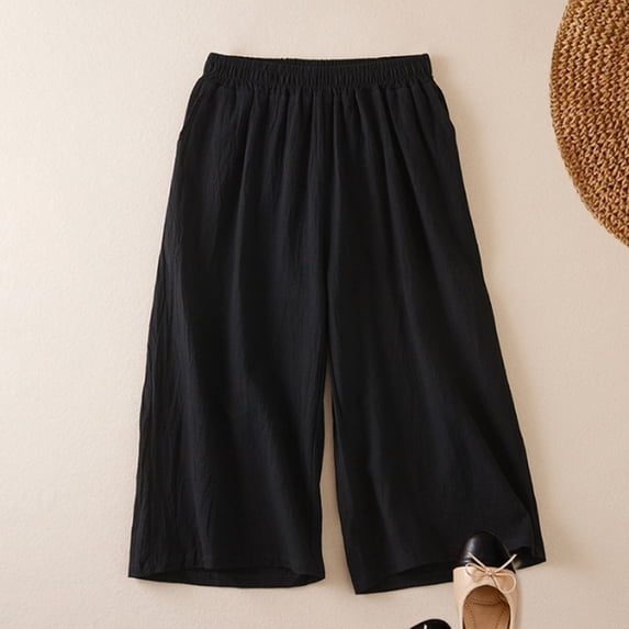 Women's Plus Size Cotton Linen Capri Pants, High Waisted Wide Leg Cropped Pants, Elastic Waist Casual Culottes with Pockets, Comfortable Breathable Summer Cropped Trousers for Women Black XXXXL