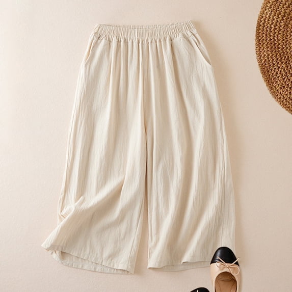 Women's Plus Size Cotton Linen Capri Pants, High Waisted Wide Leg Cropped Pants, Elastic Waist Casual Culottes with Pockets, Comfortable Breathable Summer Cropped Trousers for Women Beige L