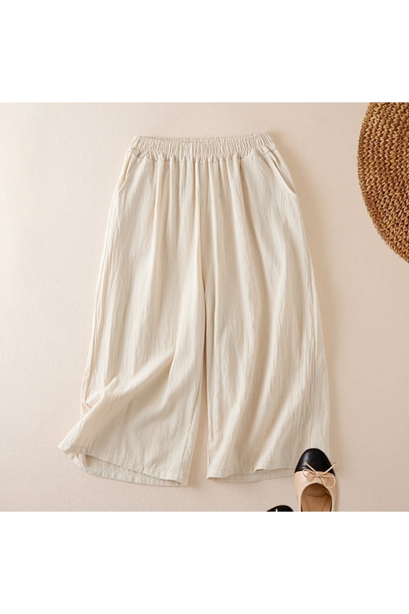 Women's Plus Size Cotton Linen Capri Pants, High Waisted Wide Leg Cropped Pants, Elastic Waist Casual Culottes with Pockets, Comfortable Breathable Summer Cropped Trousers for Women Beige XXXXXL