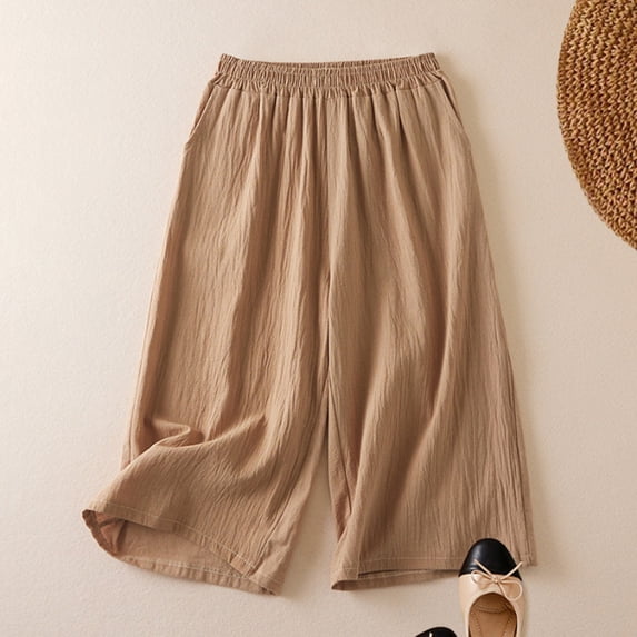 Women's Plus Size Cotton Linen Capri Pants, High Waisted Wide Leg Cropped Pants, Elastic Waist Casual Culottes with Pockets, Comfortable Breathable Summer Cropped Trousers for Women Khaki L