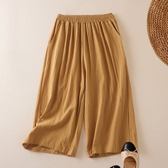 Women's Plus Size Cotton Linen Capri Pants, High Waisted Wide Leg Cropped Pants, Elastic Waist Casual Culottes with Pockets, Comfortable Breathable Summer Cropped Trousers for Women Gold XL