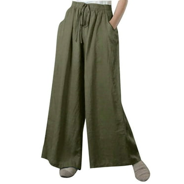 Women's Plus Size Cotton Linen Culottes Casual Wide Leg Palazzo Lounge Pants High Waist Drawstring Pockets Trousers