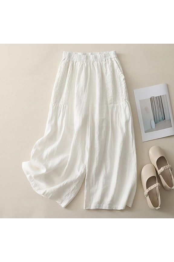 Women's Plus Size Cotton Linen Pants, High Waist Wide Leg Palazzo Pants, Elastic Waist Loose Fit Boho Trousers, Breezy Flowy Casual Pants for Women Spring and Summer White XXL