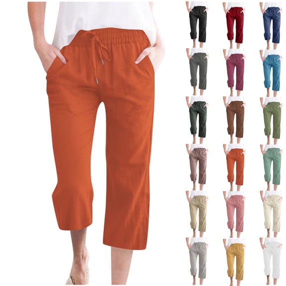 Women's Plus-Size Cotton-Linen Pants Oversized Solid-Color Cotton-Linen Capri Pant with Drawstring and Pockets Wide Leg Lightweight Breathable Casual Outings Summer