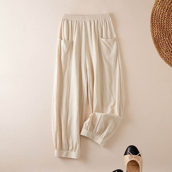 Women's Plus Size Cotton Linen Pants, Solid Color Elastic Cuff Harem Pants, Loose Fit Boho Wide Leg Trousers for Women, Comfortable Casual Lounge Pants Beige L