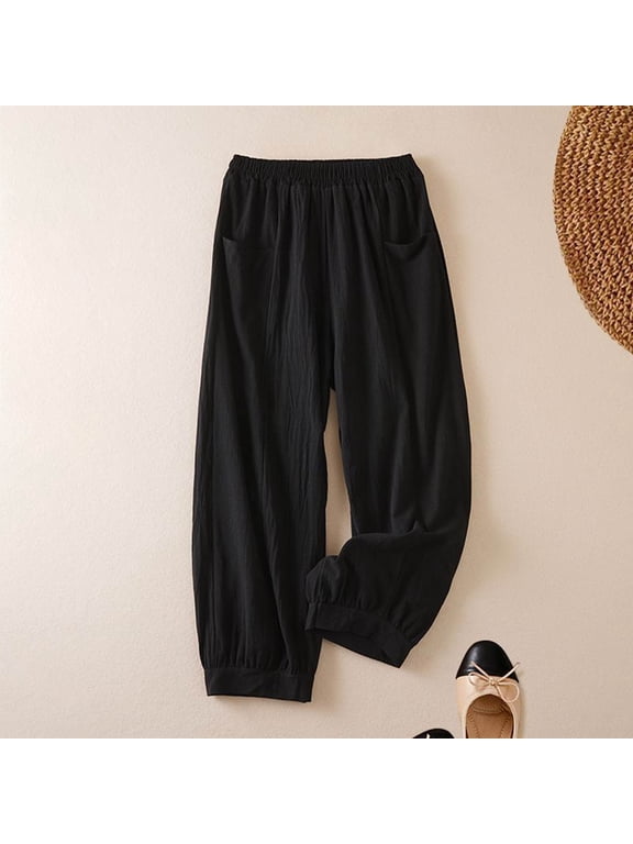 Women's Plus Size Cotton Linen Pants, Solid Color Elastic Cuff Harem Pants, Loose Fit Boho Wide Leg Trousers for Women, Comfortable Casual Lounge Pants Black M