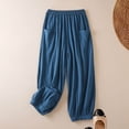 thumbnail image 1 of Women's Plus Size Cotton Linen Pants, Solid Color Elastic Cuff Harem Pants, Loose Fit Boho Wide Leg Trousers for Women, Comfortable Casual Lounge Pants Blue L, 1 of 4