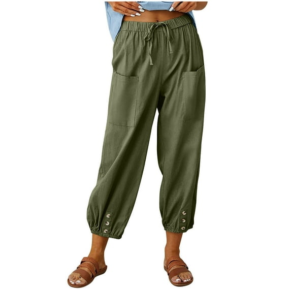 Women's Plus Size Cotton Linen Solid Pockets Drawstring Capri Pants, Women Plus Size Capris with Pockets