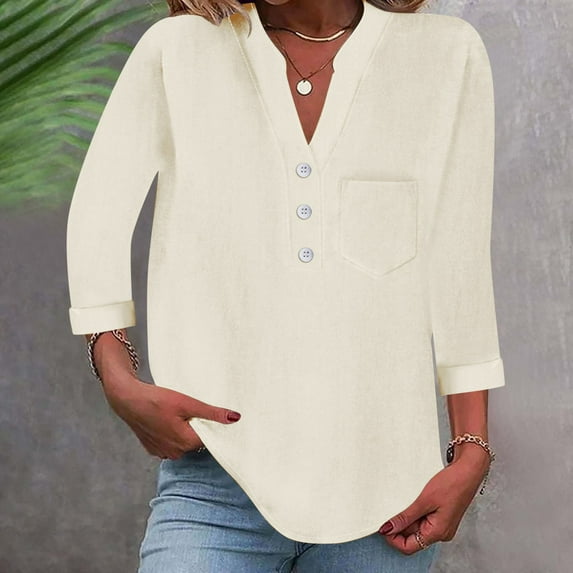 Women's Plus Size Cotton Linen T-Shirt, Button Down V Neck 3/4 Sleeve Blouse, Loose Fit Casual Top for Daily Wear, Vacation, Work and Relaxed Outfits Beige L