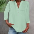 thumbnail image 1 of Women's Plus Size Cotton Linen T-Shirt, Button Down V Neck 3/4 Sleeve Blouse, Loose Fit Casual Top for Daily Wear, Vacation, Work and Relaxed Outfits Mint Green M, 1 of 9