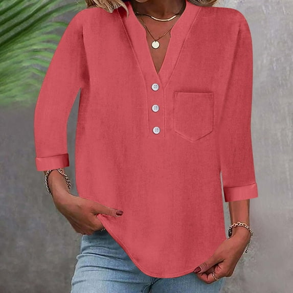 Women's Plus Size Cotton Linen T-Shirt, Button Down V Neck 3/4 Sleeve Blouse, Loose Fit Casual Top for Daily Wear, Vacation, Work and Relaxed Outfits Orange L