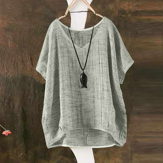 Women's Plus Size Cotton Linen T-Shirt, Short Sleeve Loose Fit Summer Top, Breathable Cotton Linen Solid Color Blouse for Casual Everyday Wear, Vacation and Relaxed Outfits Grey S